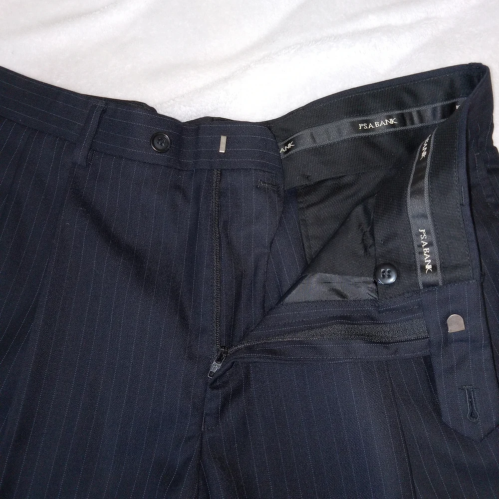 Jos A Bank Black 100% Wool Pinstriped Full Suit Set Blazer Size 38S Pants 32x28 - Picture 13 of 15